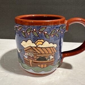 Vtg Earthen Vessel Redware Noahs Ark Textured/Painted Coffee Mug Signed/Dated